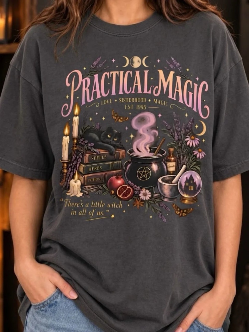 Charcoal Practical Magic Graphic Tee with Pink Accents